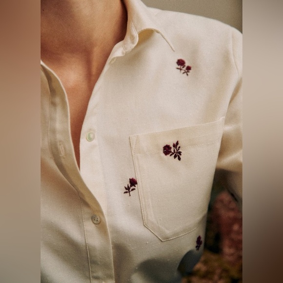 Sezane Tomboy Shirt Pink Flowers Embroidered Button-Up Shirt Size 38 US 6 Medium - Picture 3 of 12